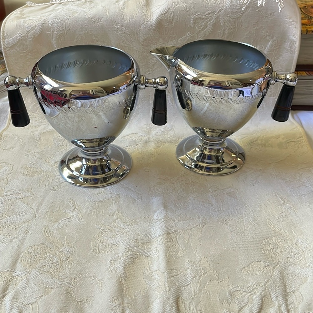 VTG Art Deco Keystone ware sugar bowl & creamer 2 pc set chrome plated copper